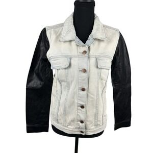 One x OneTeaspoon Denim Jacket Light Wash Faux Leather Sleeves Distressed XS